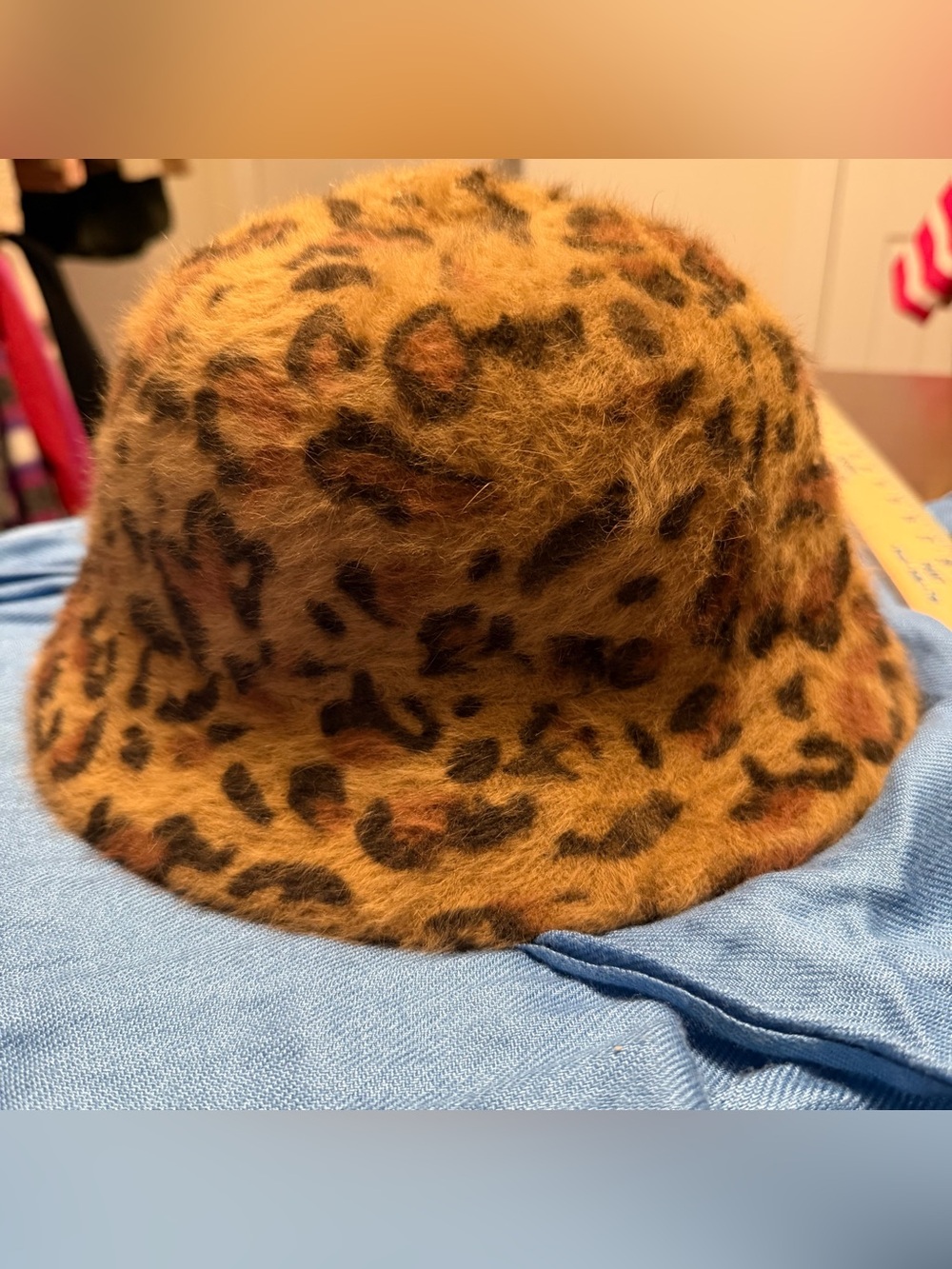 Faux Fur Leopard‎ Print Bucket Hat - Rust & Black angora
